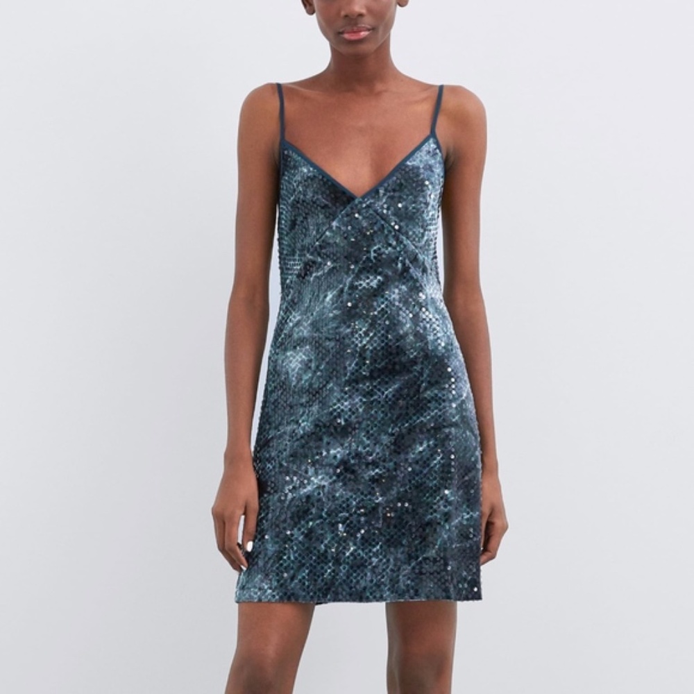 Zara 90’s Tie Dye Sequin Teal V-neck Spaghetti Strap Mini Cocktail Dress